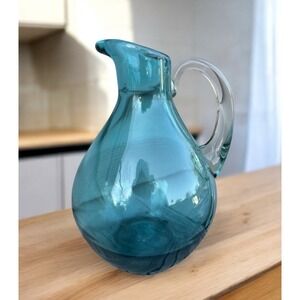 Vintage Le Smith Peacock Teal Art Glass Pitcher 8"Pulled Spout MCM Hand Blown